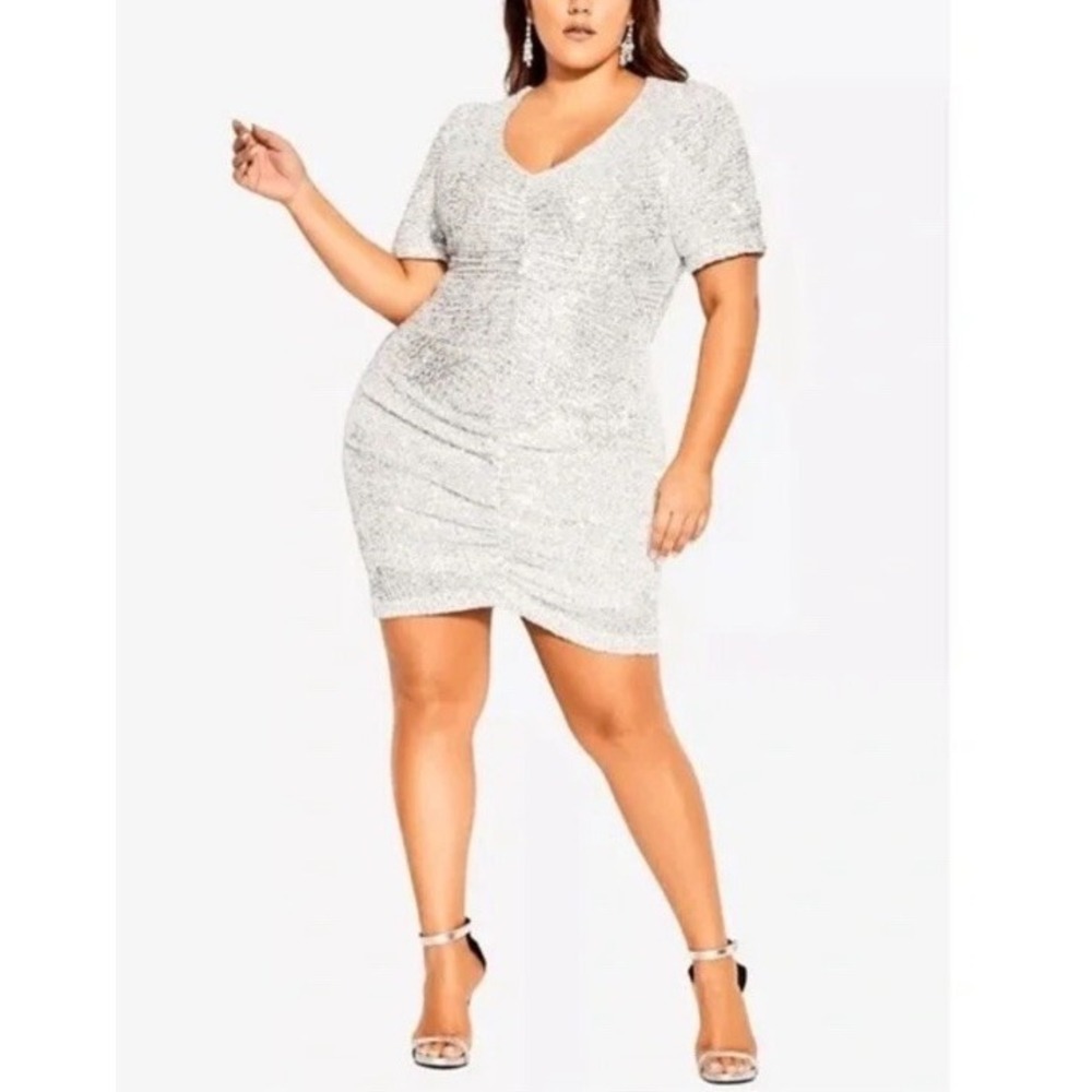 New City Chic Bright Night Ruched Silver Sequin Sheath Party Dress Size XL - 22